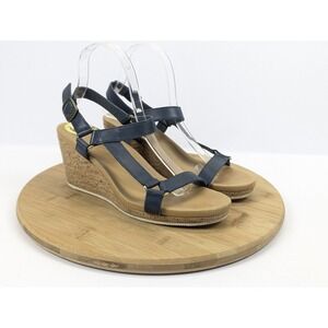 Teva Womens 9 Blue Leather Strappy Wedge Platform Cork Shoes Sandals